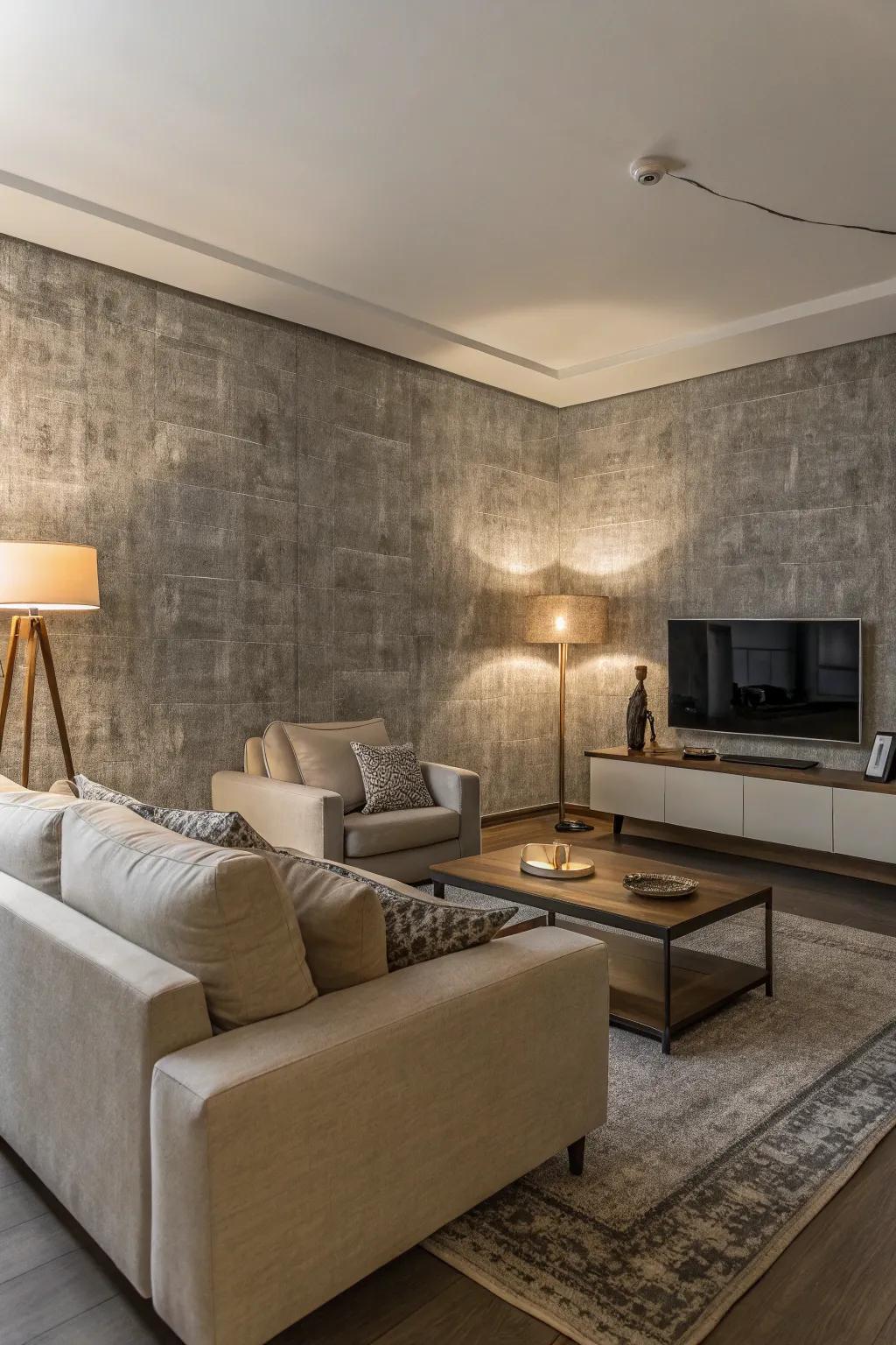 Textured grey wallpaper enriches the living room with visual depth.