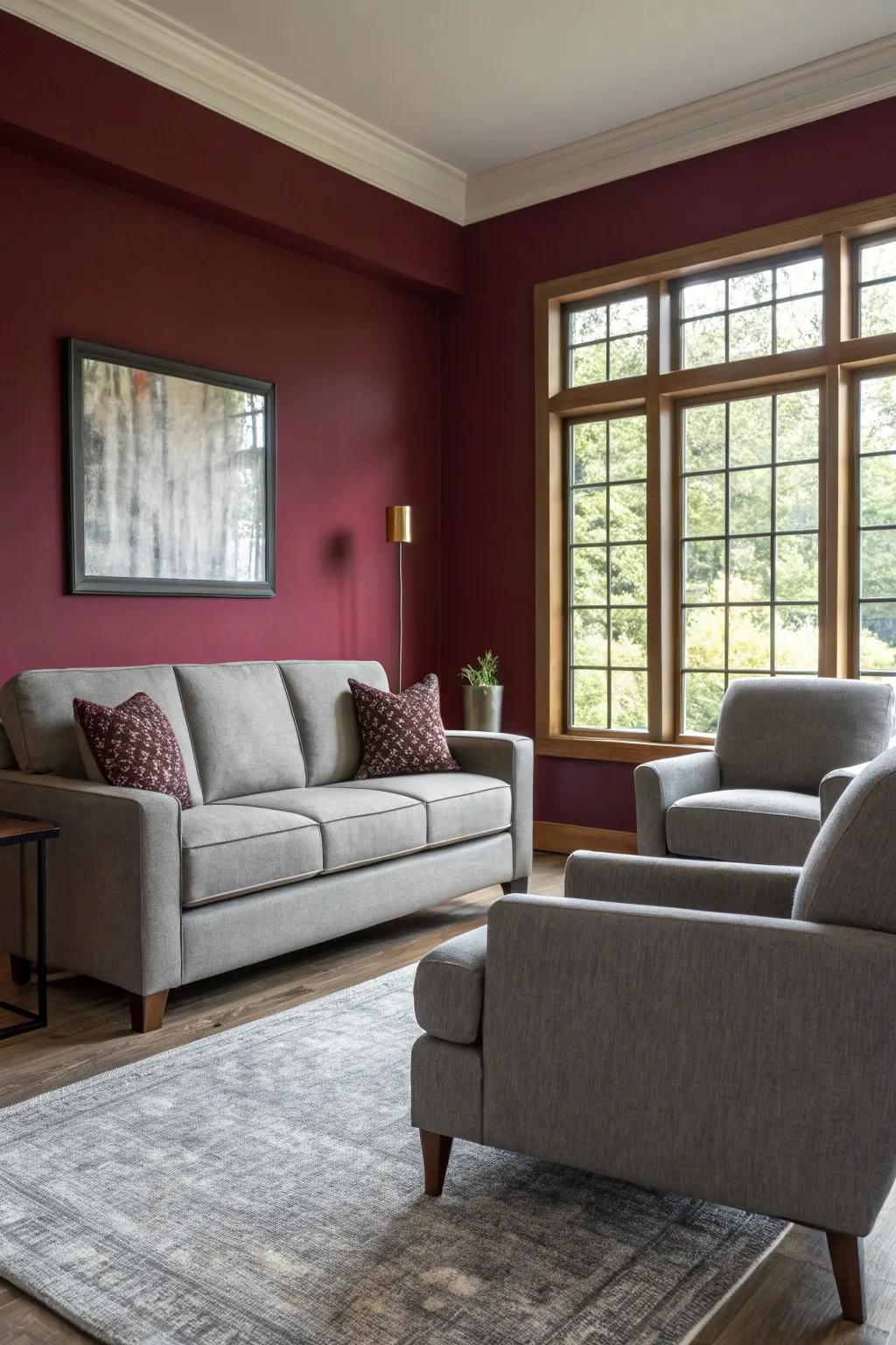 Living area featuring a striking crimson emphasized wall and contemporary neutral furniture.