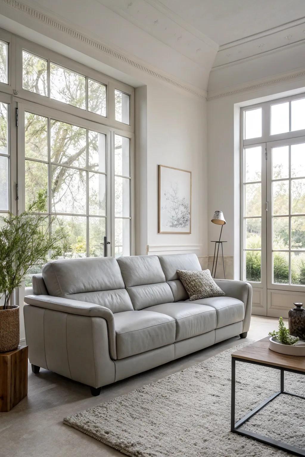 A sophisticated arrangement showcasing an ash leather lounger facing expansive windows.