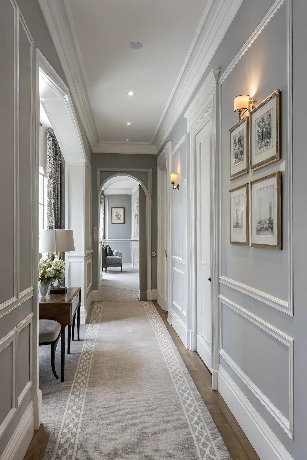 A hallway in soft gray creates a timeless and versatile look.