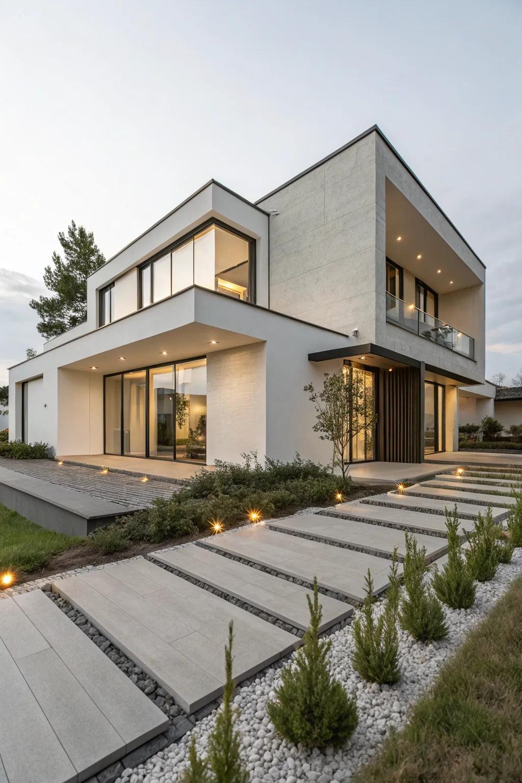 A minimalist modern home exterior featuring clean lines and geometric forms.