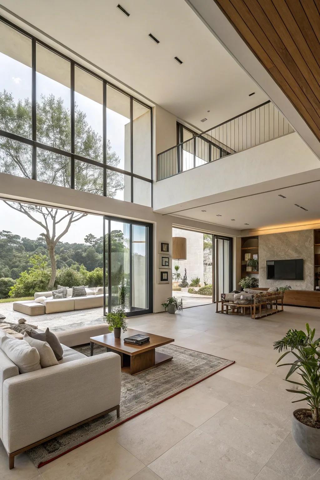 A sleek open-concept living area with minimal divisions.