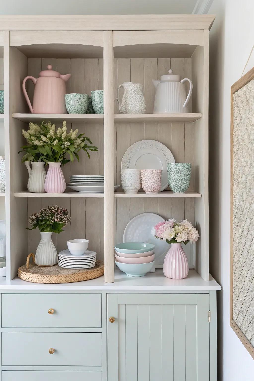 Soft, light tones create a tranquil and fashionable cabinet presentation.
