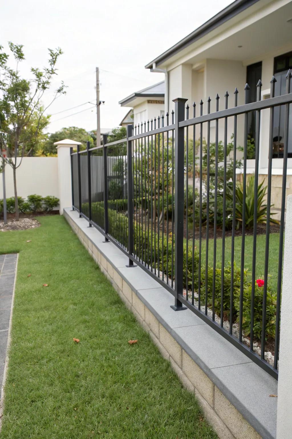 A minimalist iron fence provides a lovely accent to a modern residence.