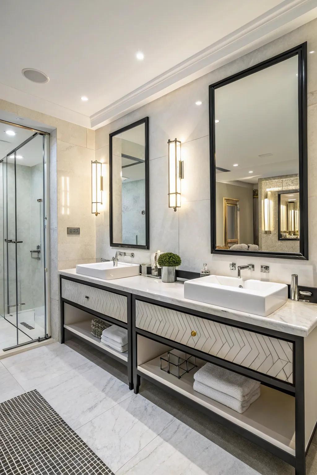 Double vanities offer dedicated space within a shared bathroom.