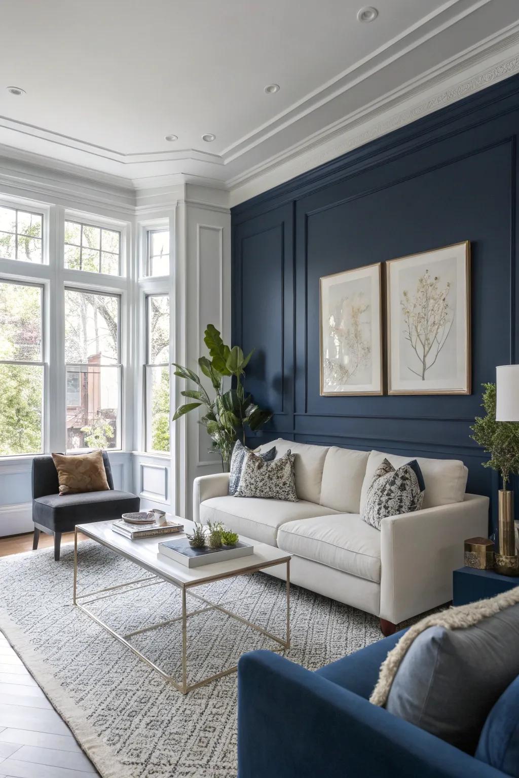 A breathtaking living room highlighting the impactful contrast between cobalt and white.