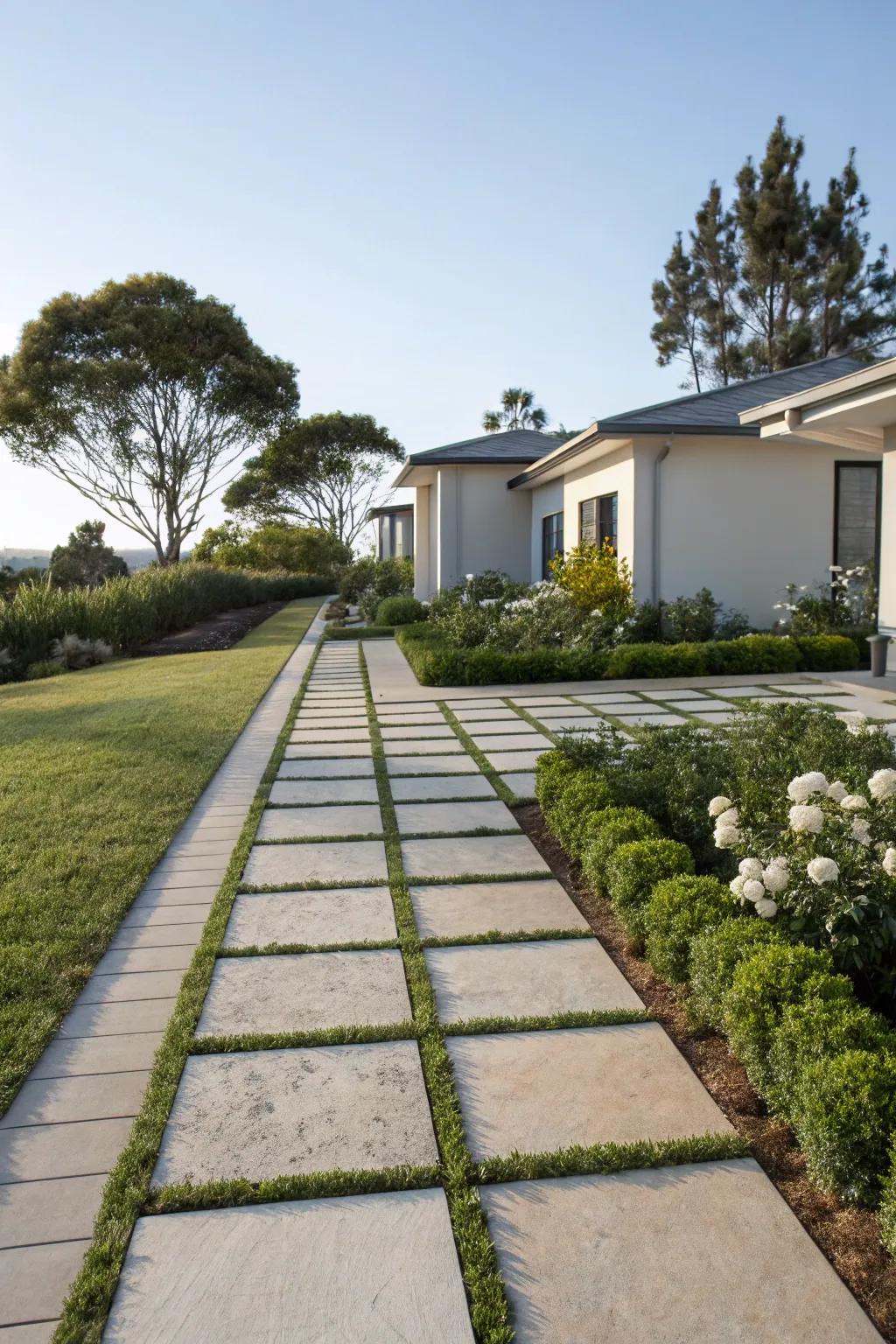 A contemporary front yard showcasing expansive pavers that form a simple, minimalist pathway.