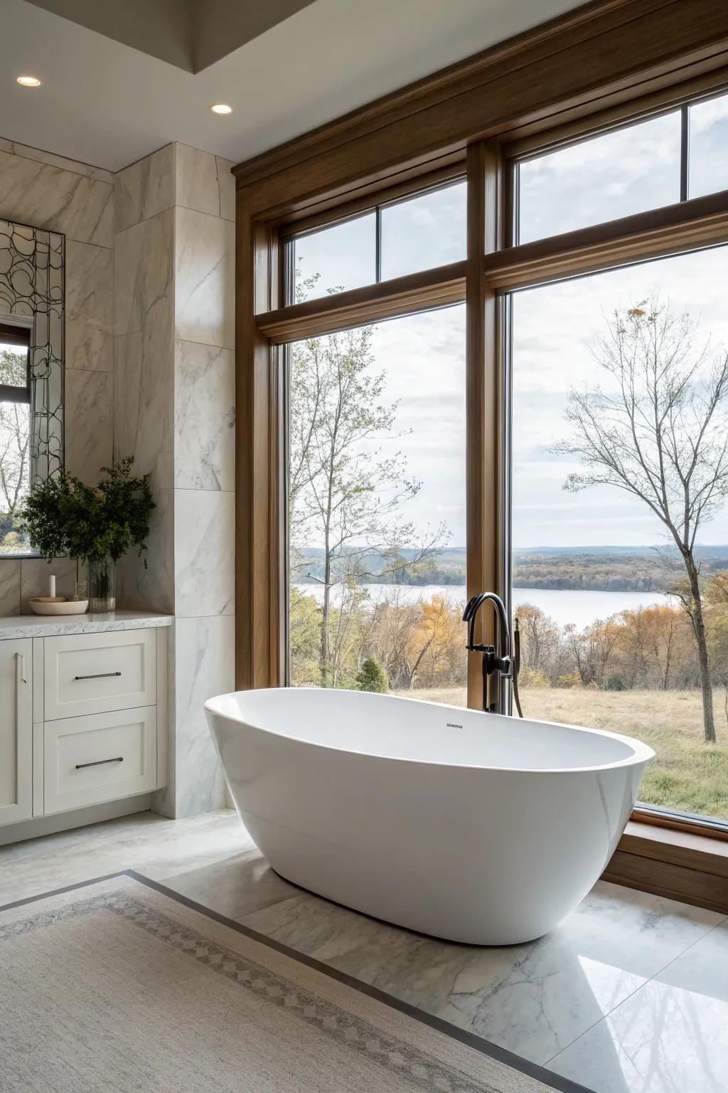 A solo tub is the highlight in this modern bathroom.