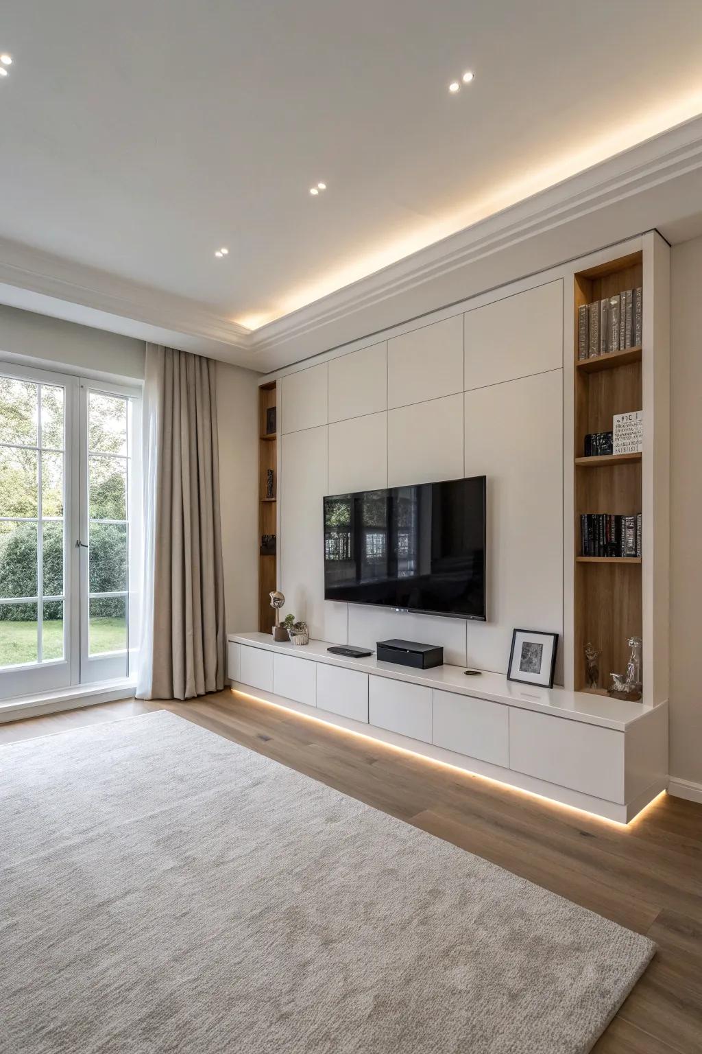 A minimalist floating media wall creating a clean and modern ambience.