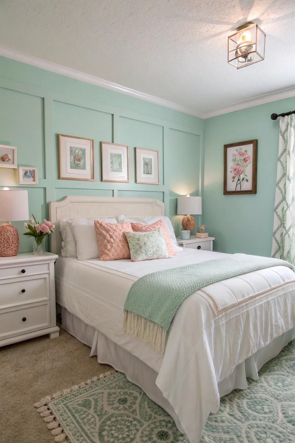 A tranquil bedroom with mint green walls and pastel accents.