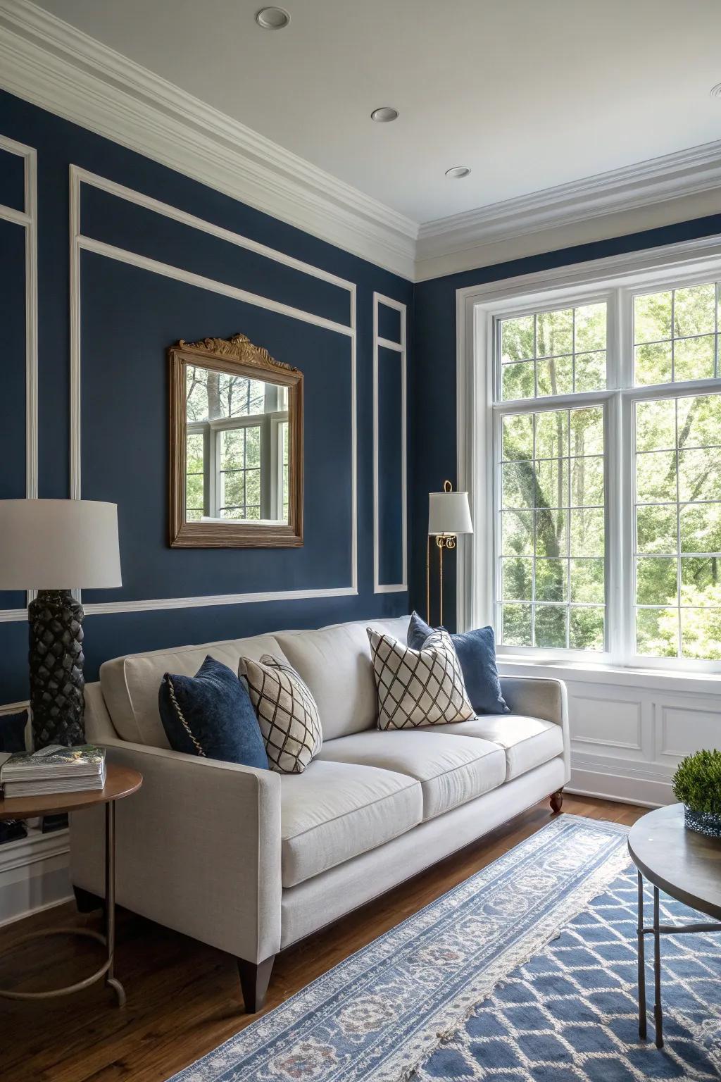 Walls painted deep sea provide an impactful yet sophisticated backdrop.