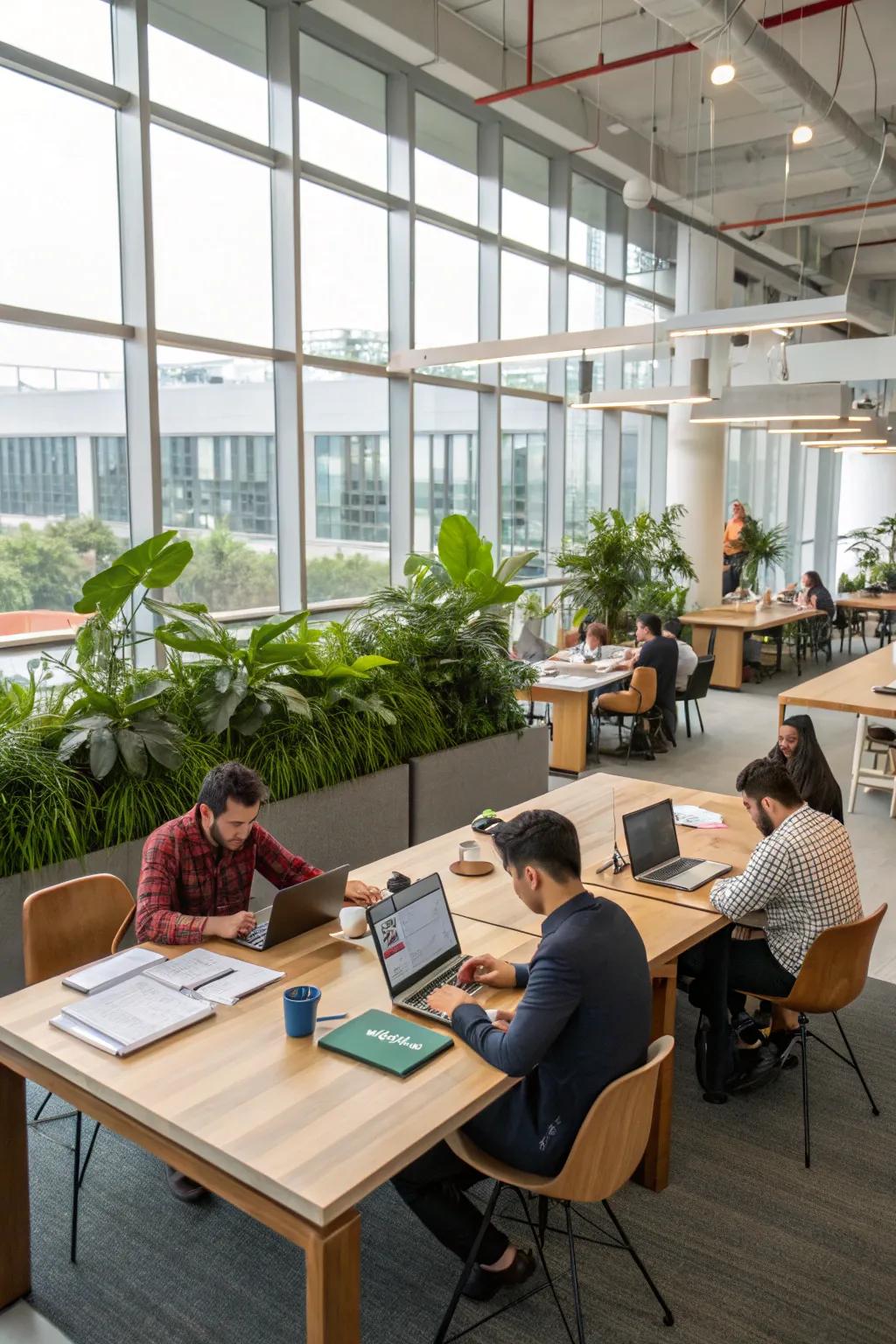 An open office layout presenting collaborative workspaces featuring a large communal table.