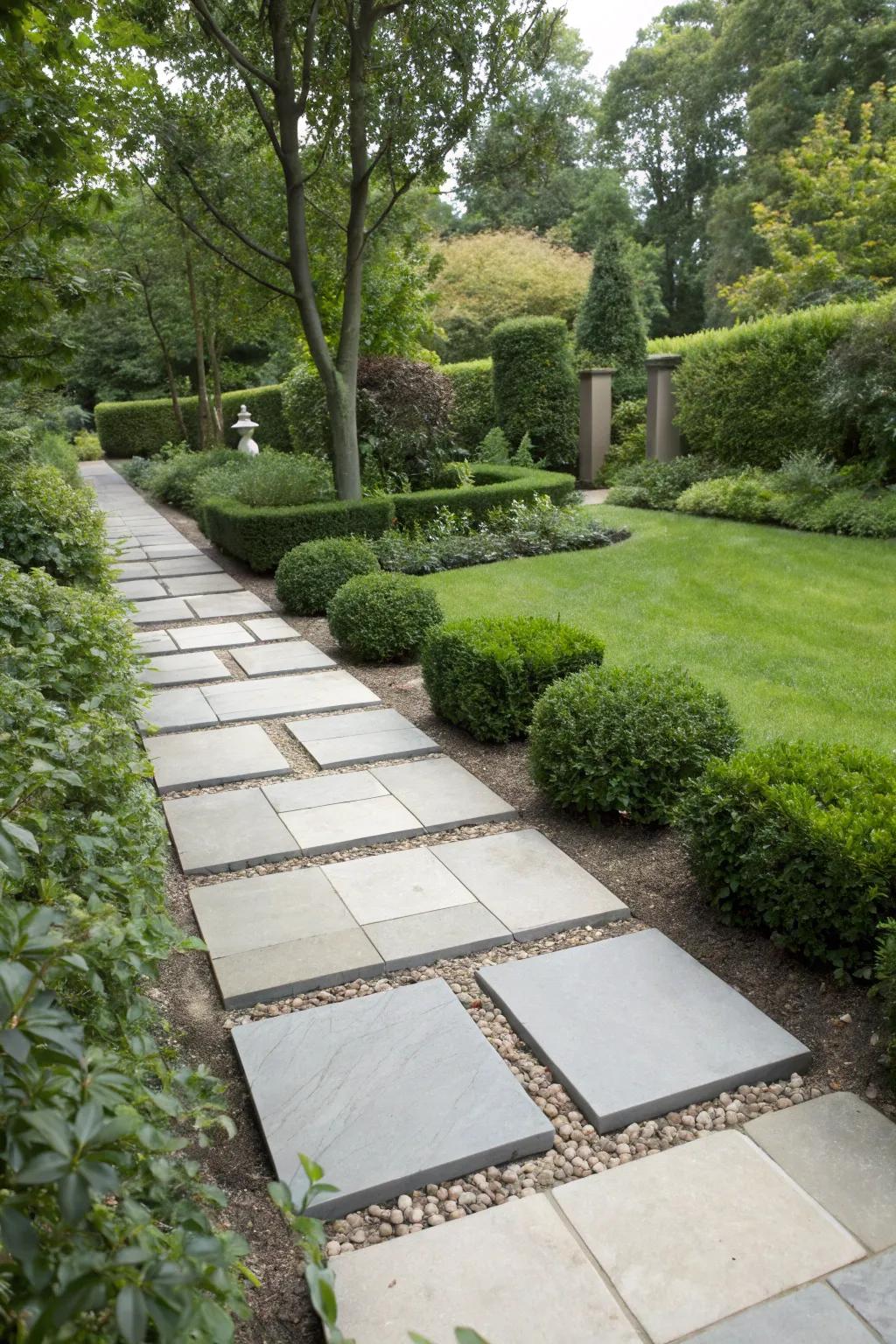 A modern garden path featuring geometric paving slabs for a striking visual effect.