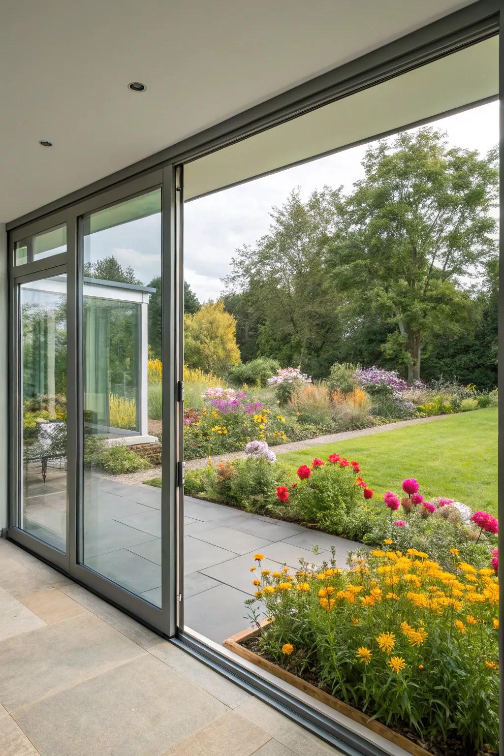 Expansive, floor-to-ceiling glass doors offering unobstructed garden views.