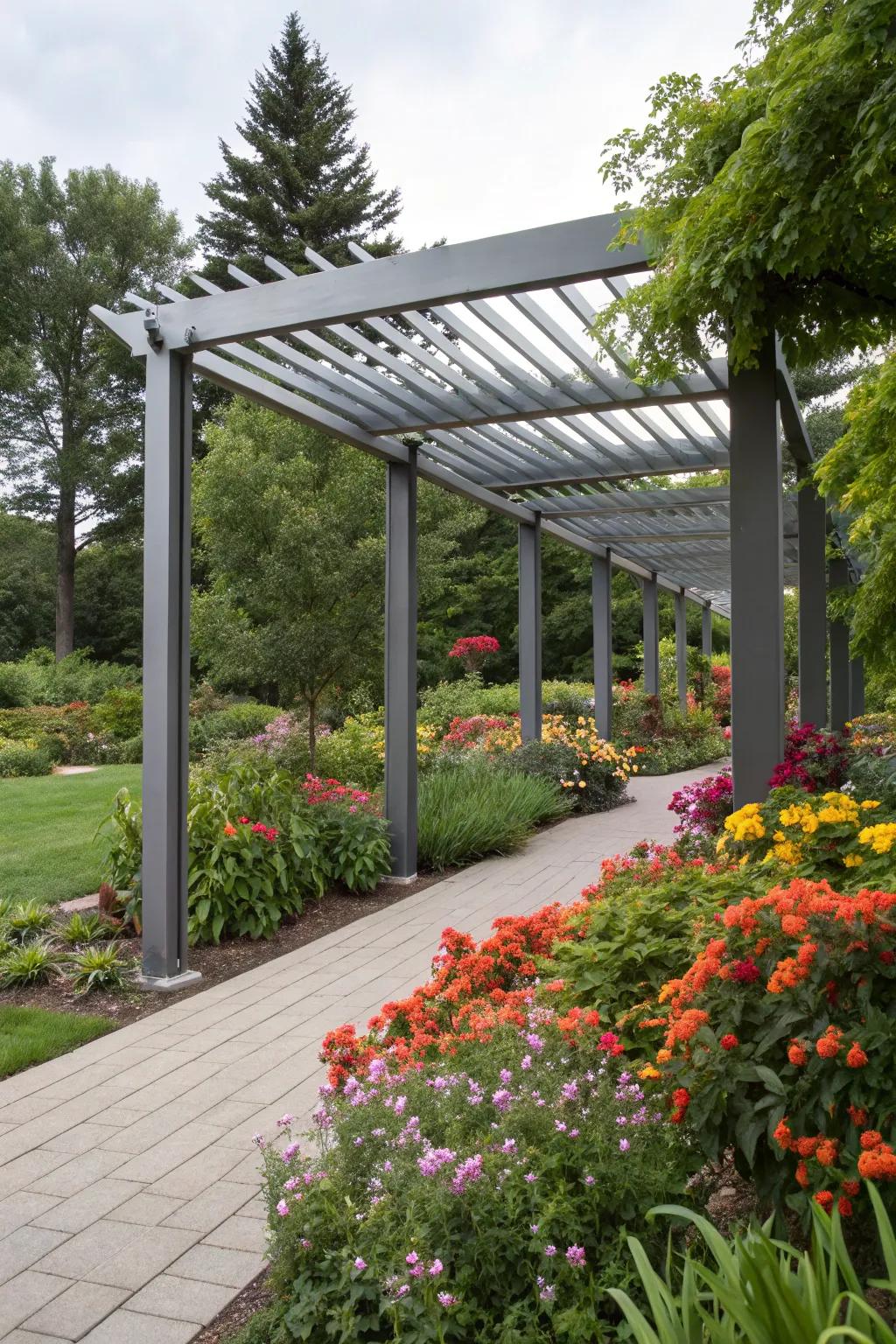 A sleek metal pergola brings a modern touch to your garden.