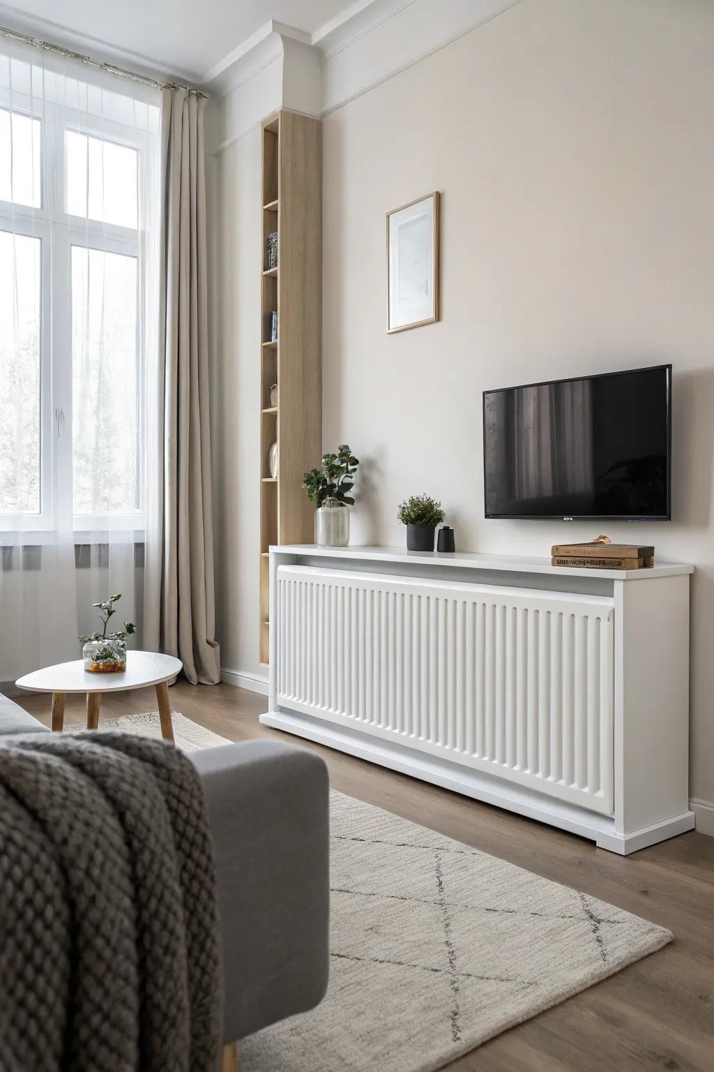 A minimalist living room featuring a sleek radiator cover.