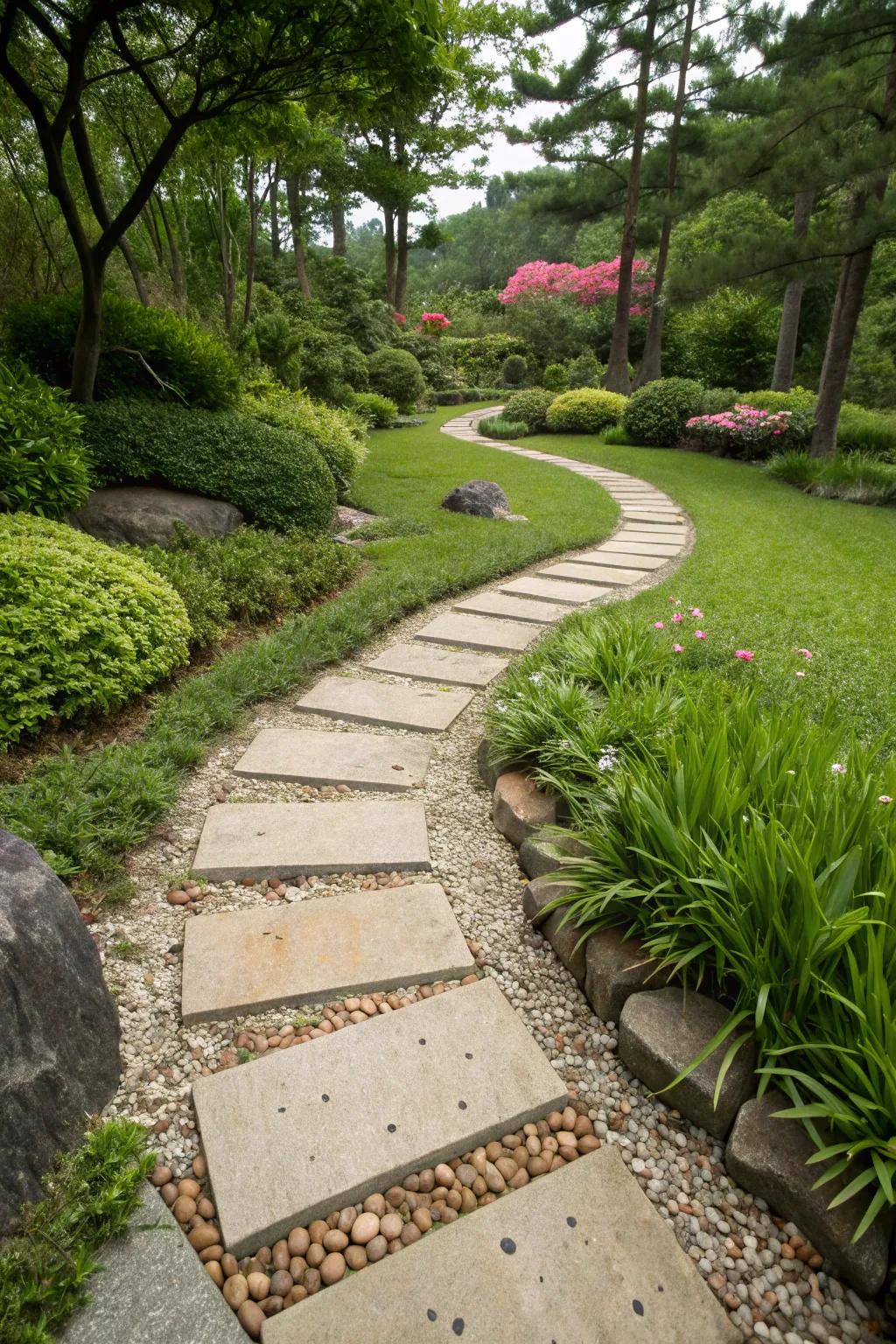 A serene mineral path encourages discovery and relaxation.