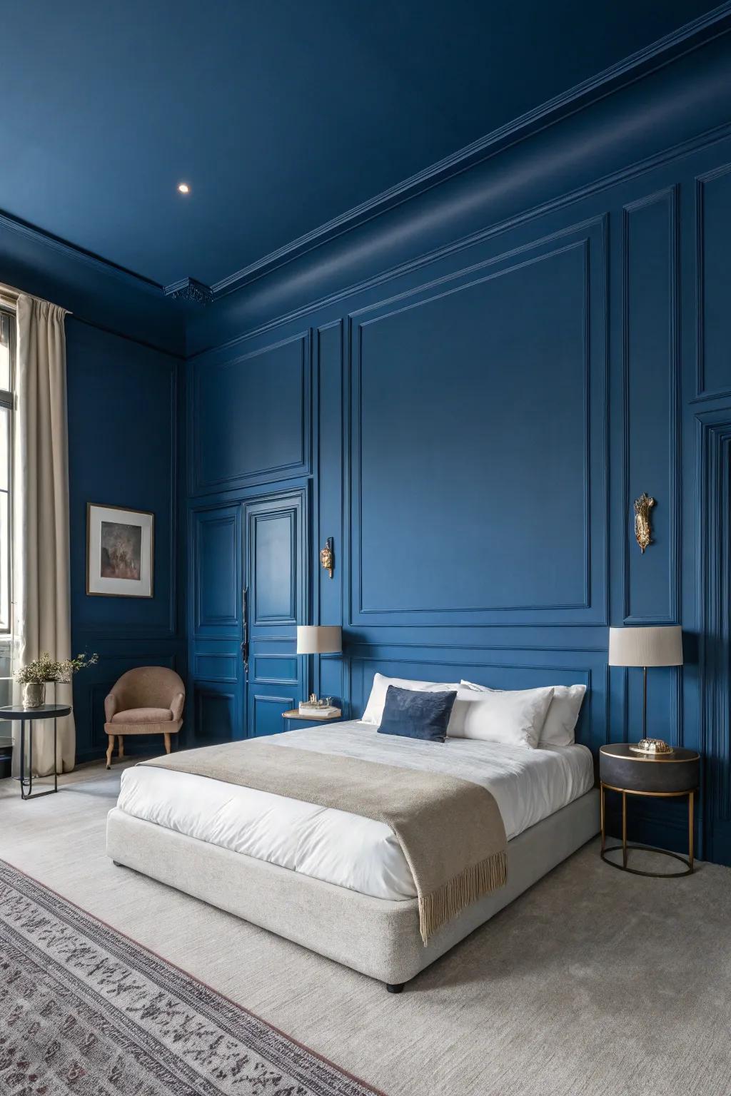 Striking indigo walls craft an eye-catching and refined setting in this modern bedroom.