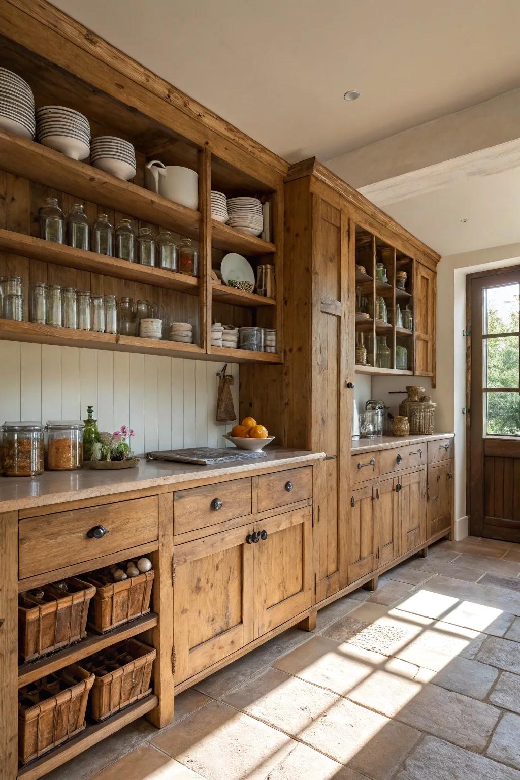 Repurposed wood cabinets introduce warmth and distinctiveness to this modern rustic kitchen.