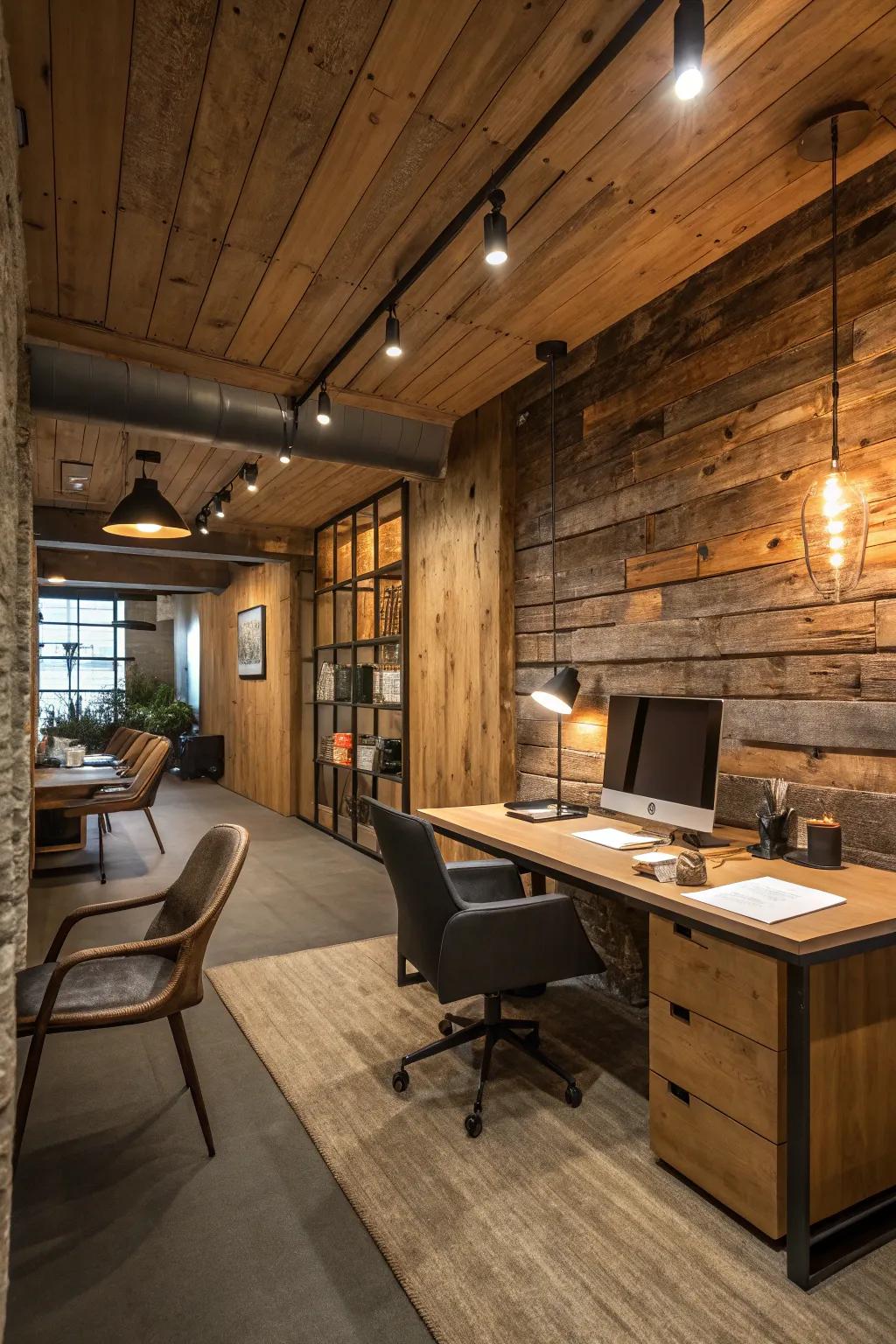 Repurposed timber walls fashion a snug setting within a modern rustic office.