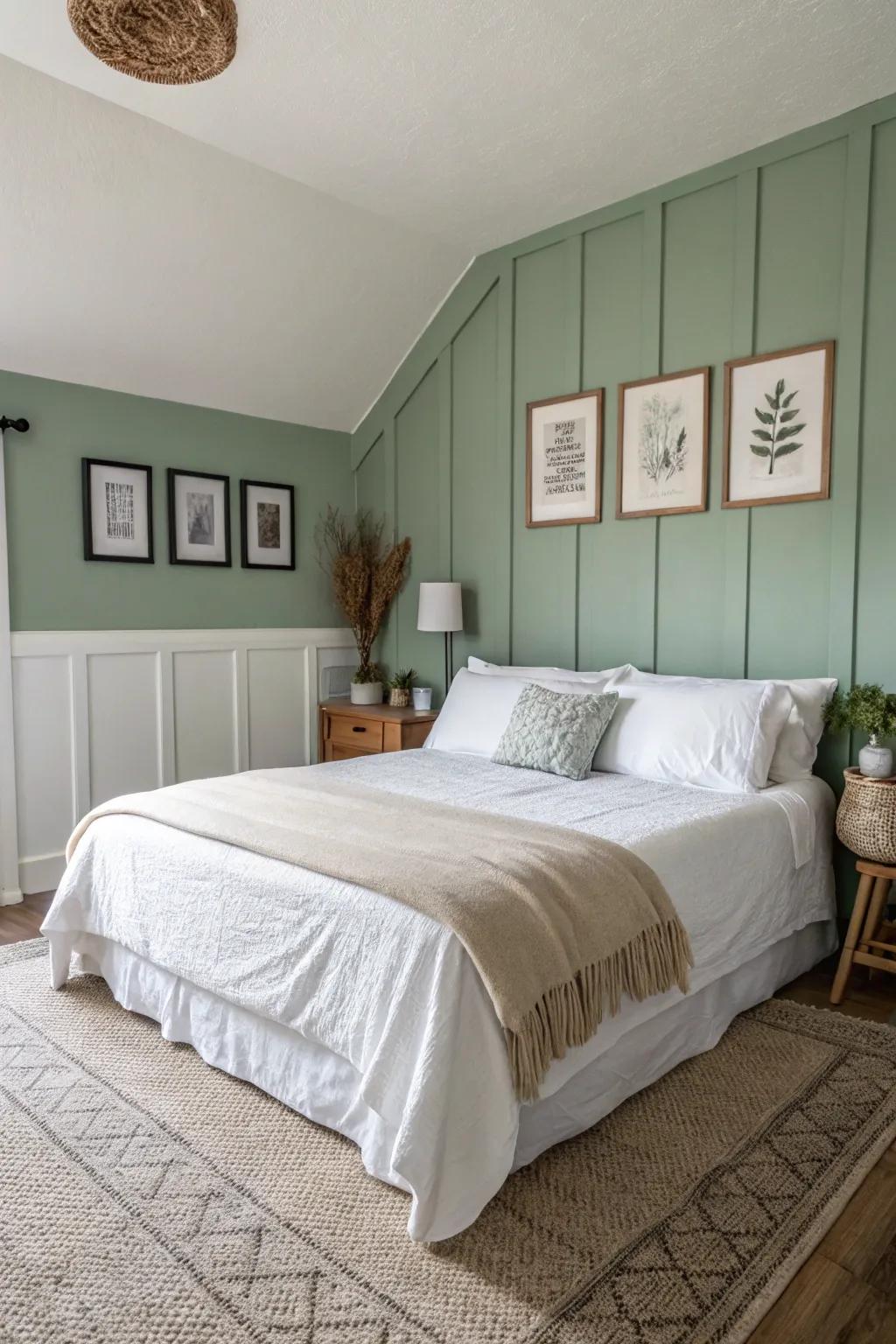 A soft green accent wall establishes a peaceful mood in this modern bedroom.
