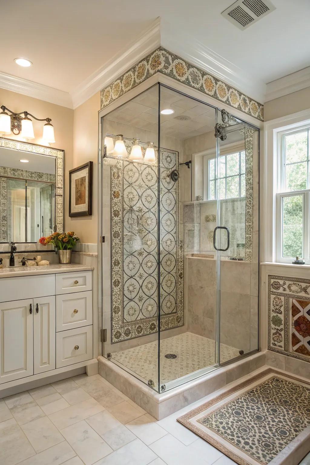 A glass-encased shower that highlights elaborate tile craftsmanship and ample sunlight.