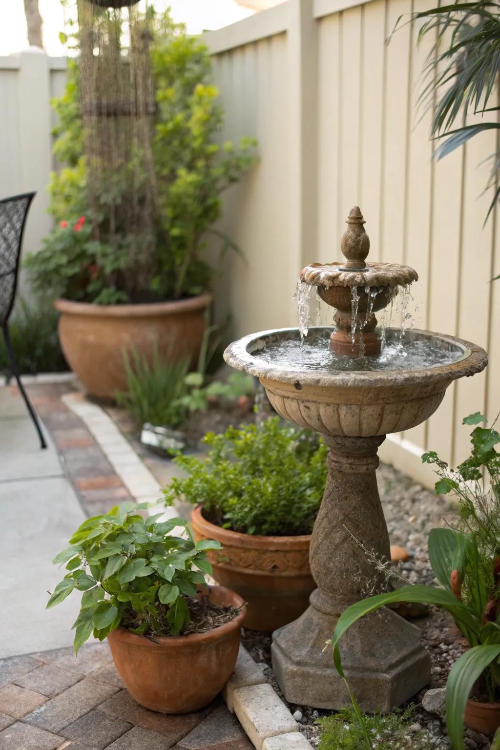 A Zen corner featuring a calming water fountain and lush greenery.