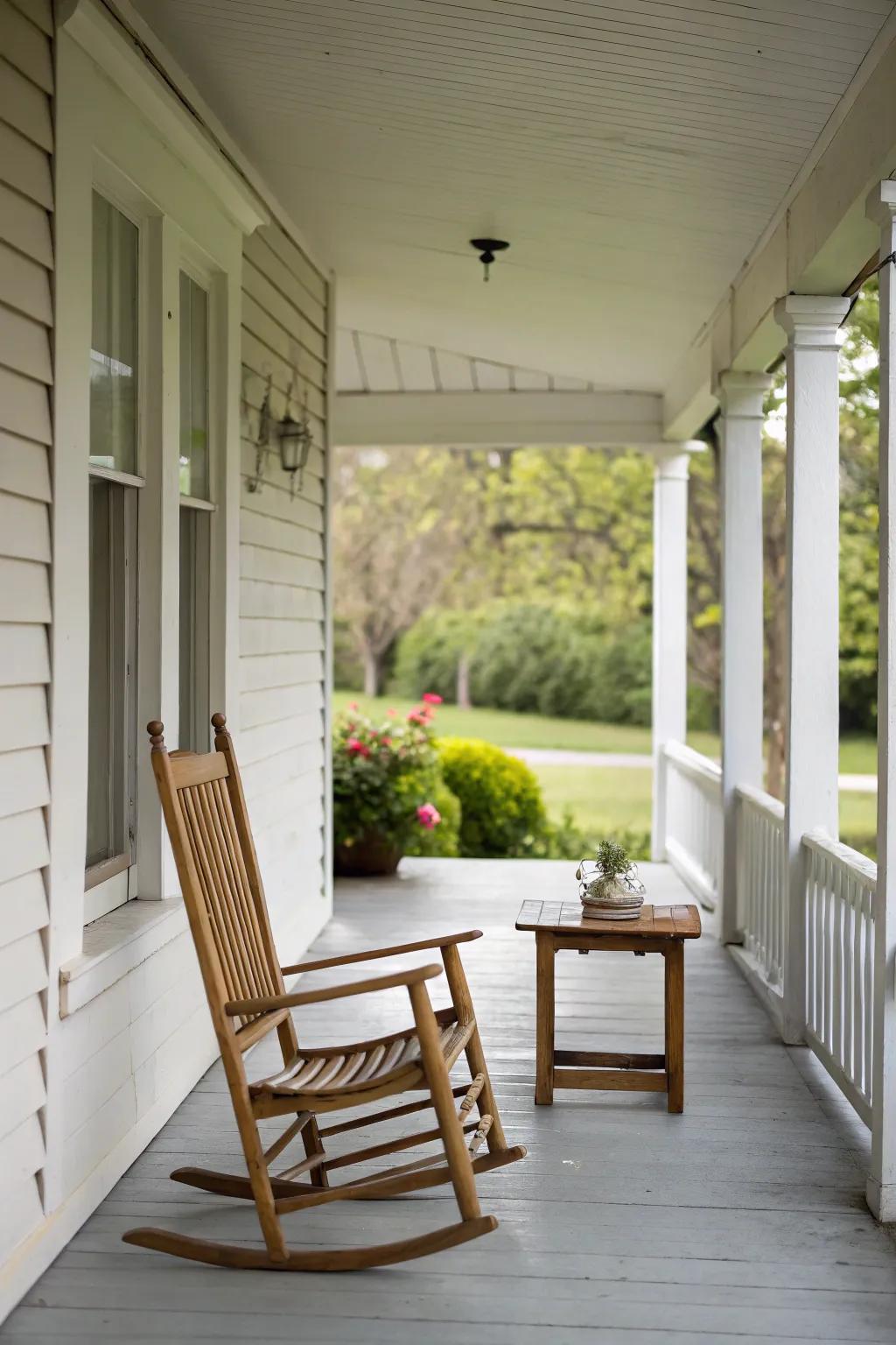 A minimalist small front porch demonstrating uncluttered designs and simple, sophisticated furniture.