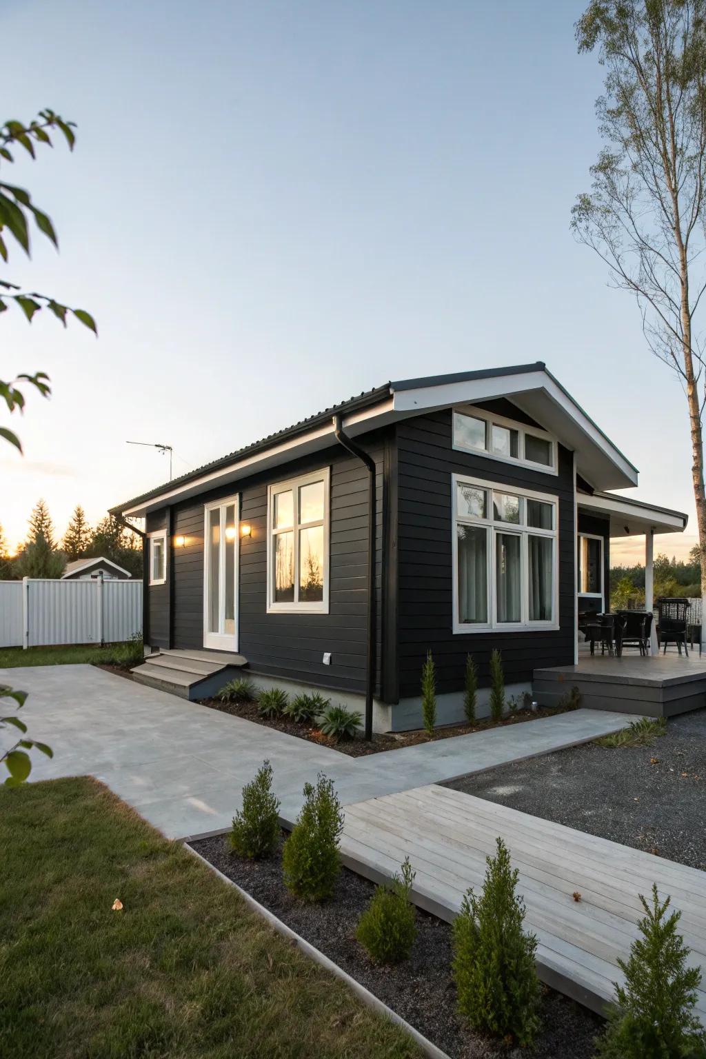 A dramatic black and white exterior brings a striking contrast to compact homes.
