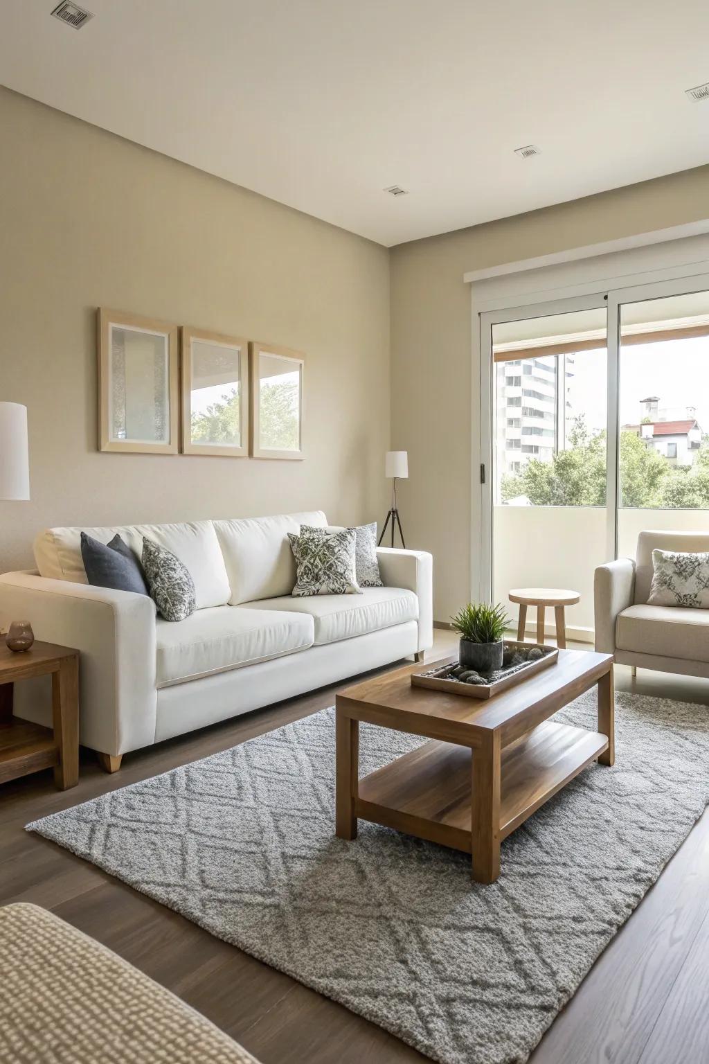 A compact living space showcasing muted tones and refined furnishings to amplify the sense of spaciousness.
