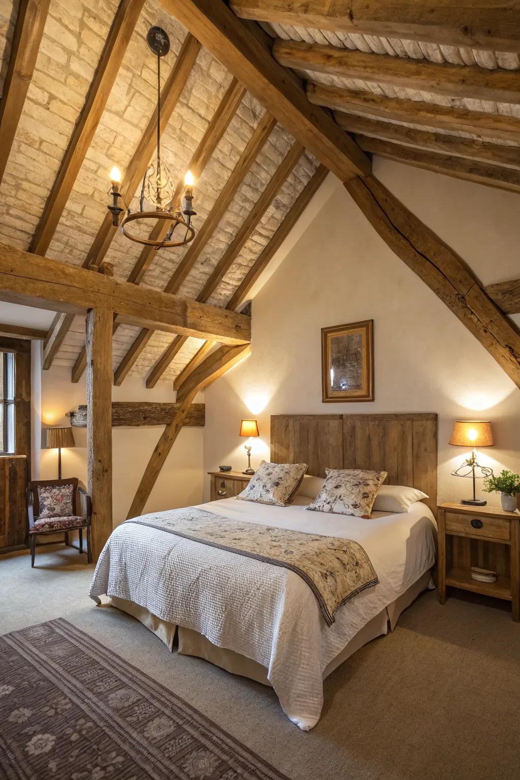 Visible wooden beams contribute countryside charm and authenticity to a modern Spanish bedroom.