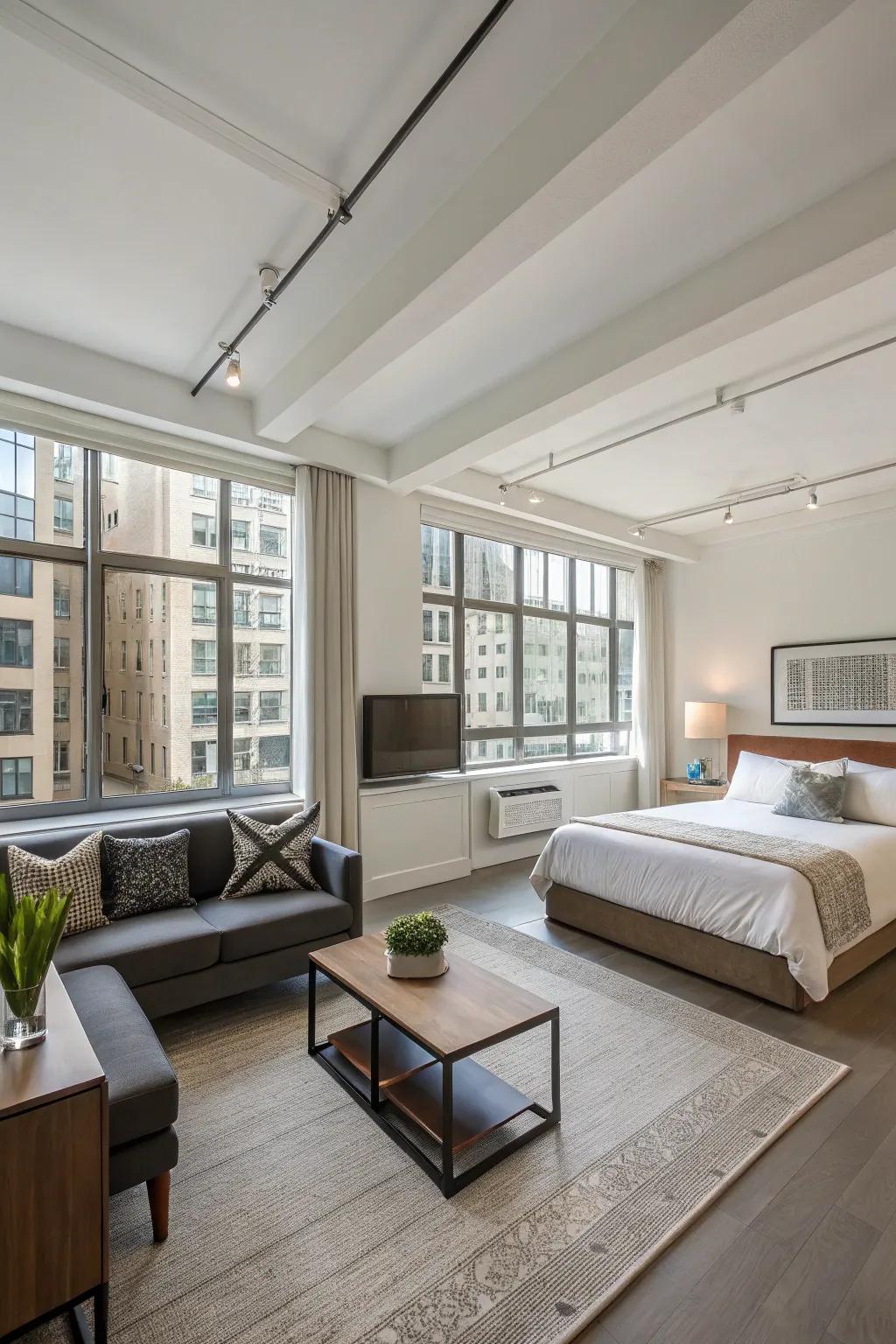 A modern studio featuring an open layout, seamlessly integrating living and sleeping zones.