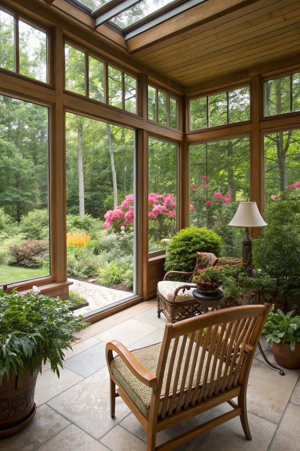 Expansive windows in a sunroom that seamlessly connect indoor and outdoor spaces.