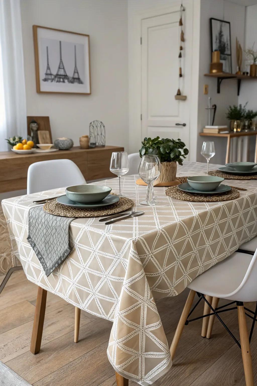 A striking geometric print table covering provides a focus for the dining space.
