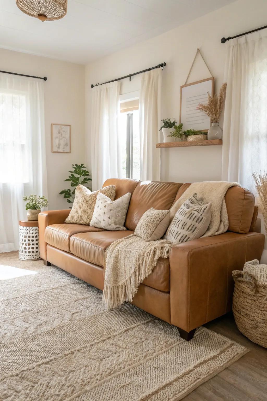 A peaceful family room featuring a tawny hide couch and soft hues.