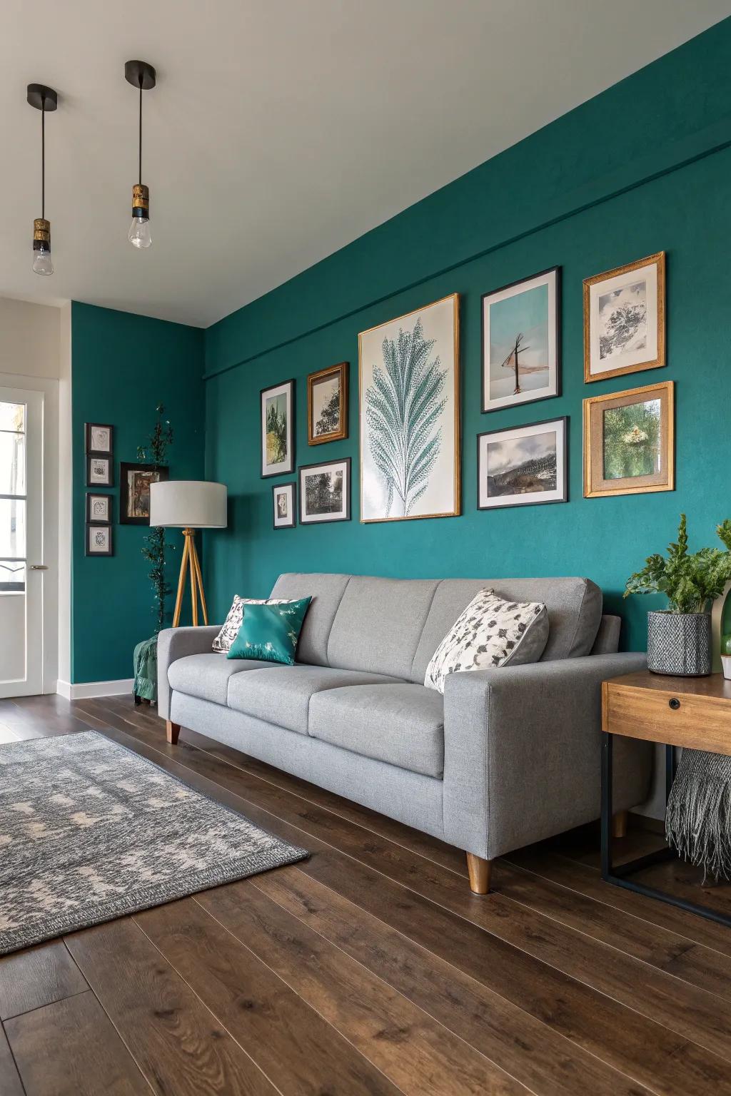 Sea-green statement wall paired with a gray seating set for dramatic visual appeal.
