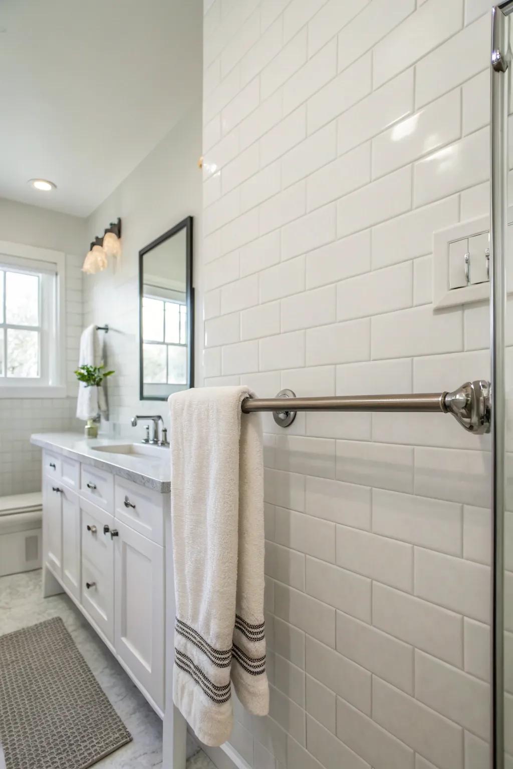 Refined and uncomplicated: the simple metallic towel rail.