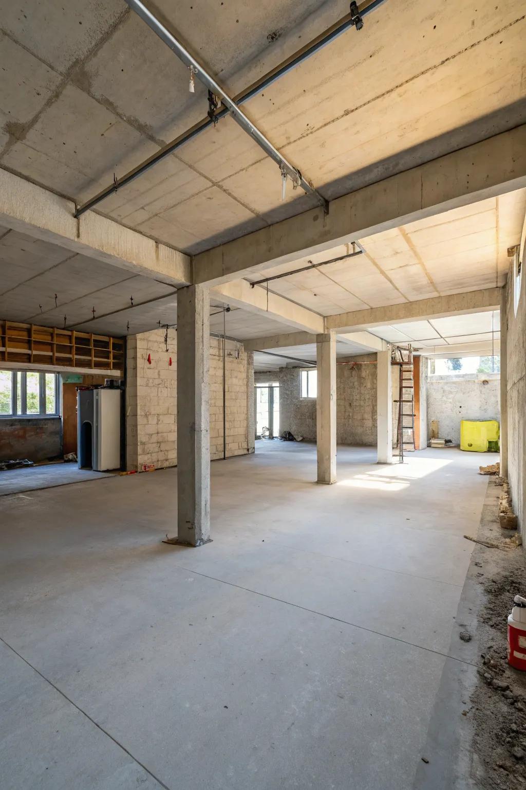 An open layout in an unfinished basement showcases adaptability and contemporary charm.