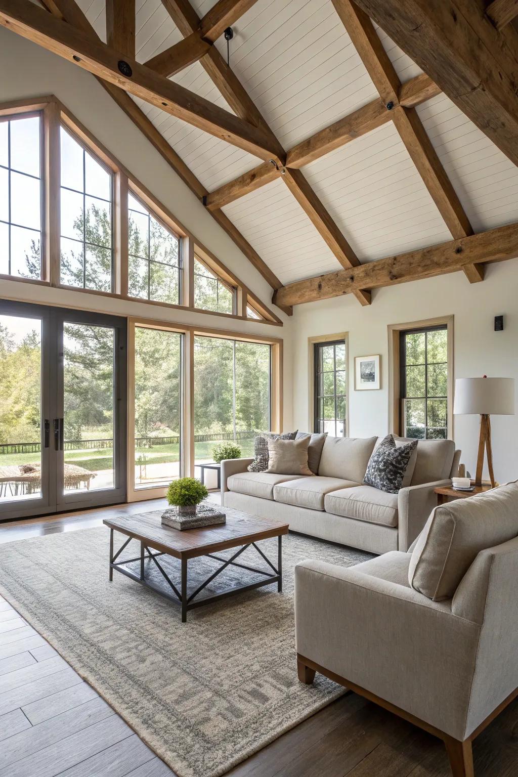 Visible wooden beams impart warmth and distinctiveness to this contemporary living area.