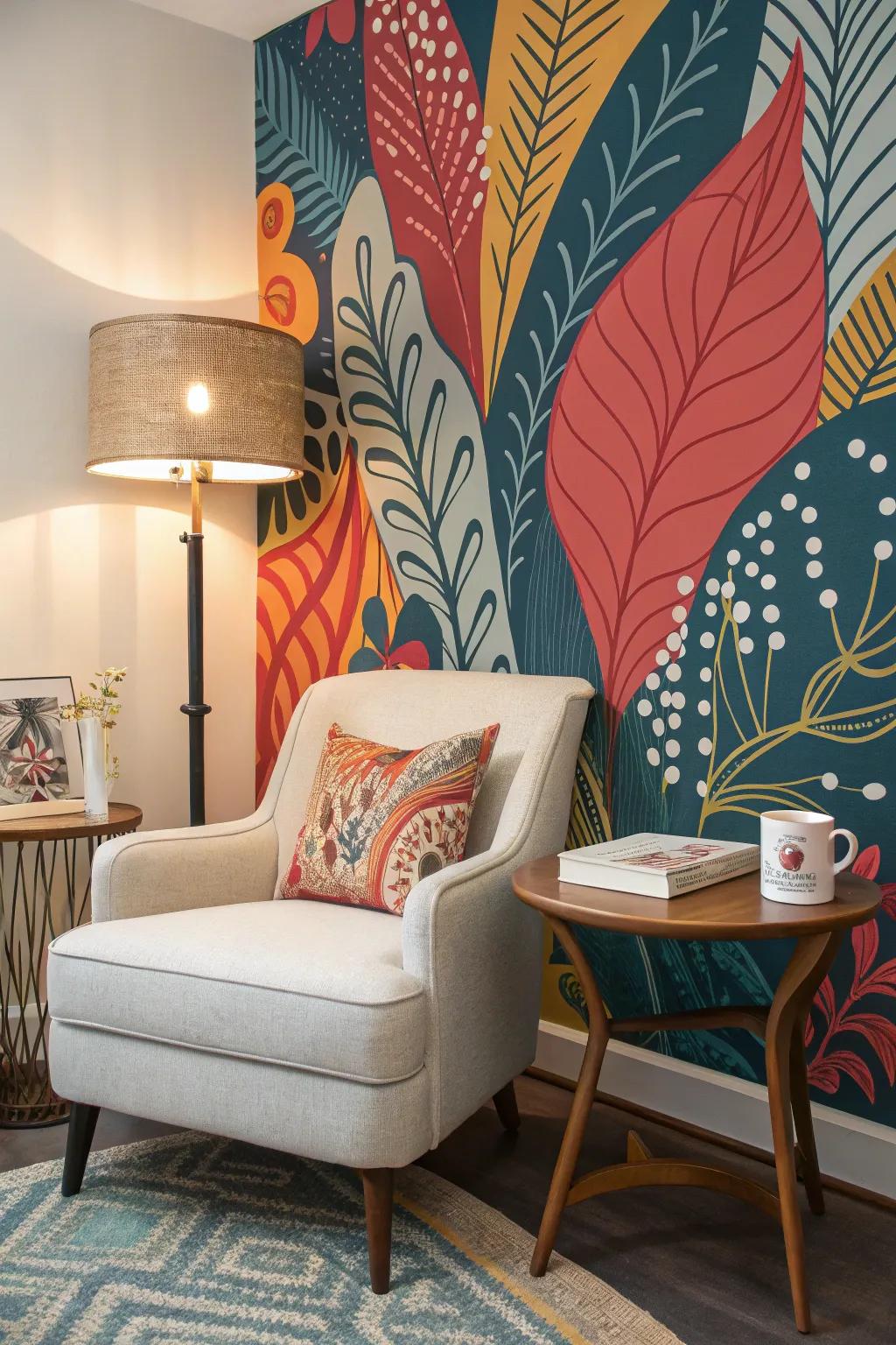 Lively abstract wallcovering in a comfy reading area.
