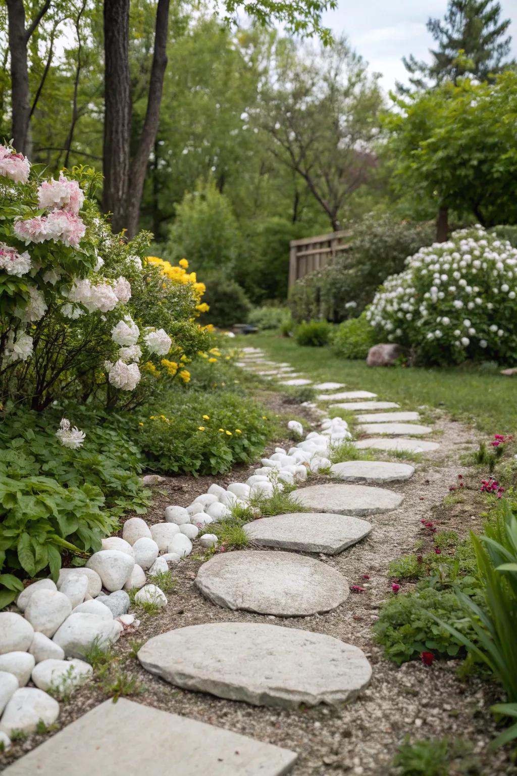 An attractive garden path created from white stones and stepping stones, inviting you to explore.