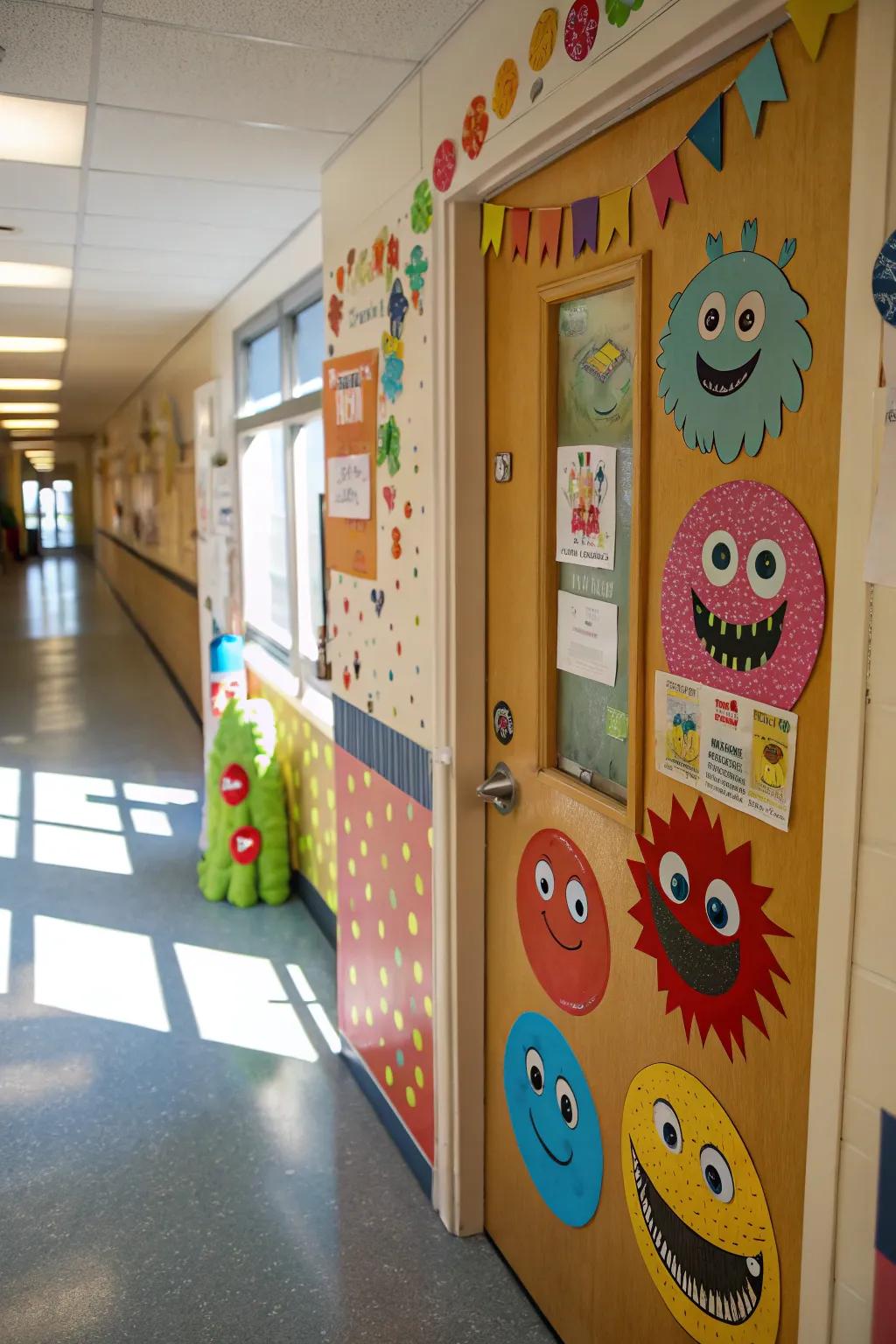 A welcoming monster door display for students entering the classroom.