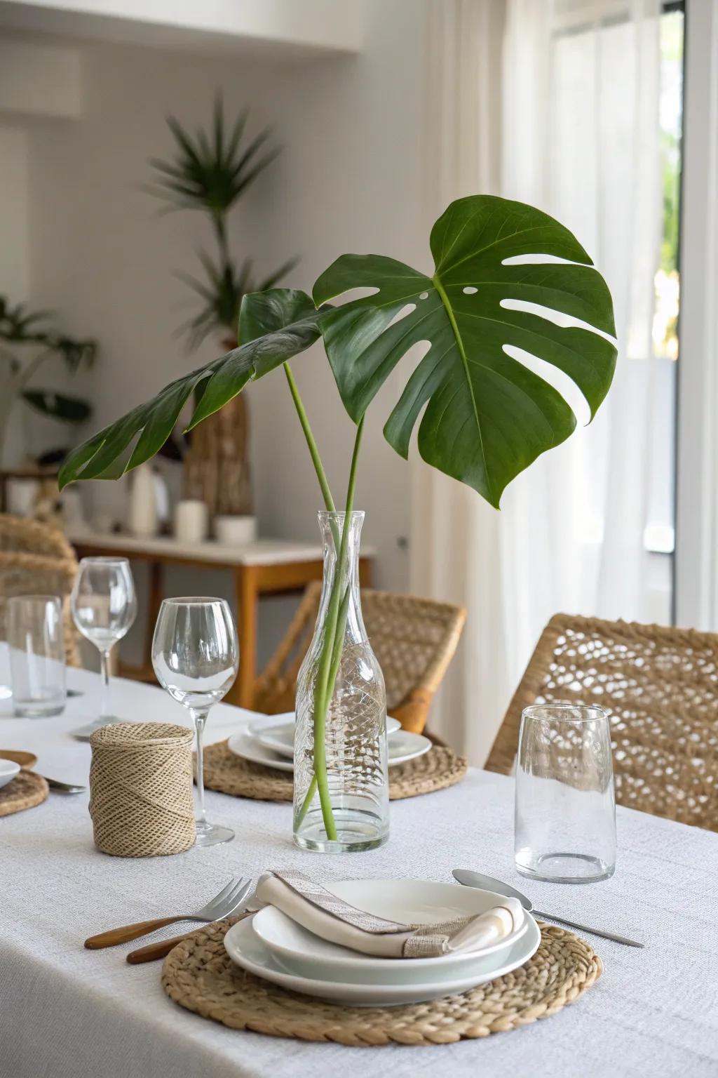 A see-through vase holding a split-leaf philodendron frond acts as a striking yet straightforward focal point.