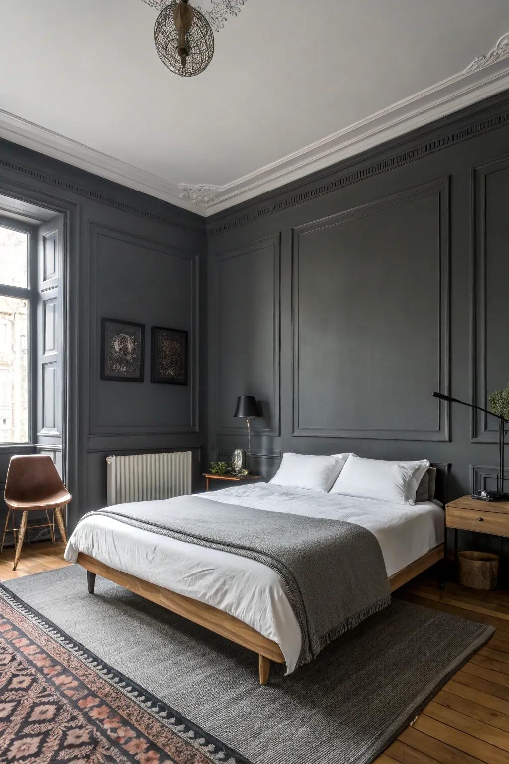 A bedroom with soot-colored walls and simple decorations.