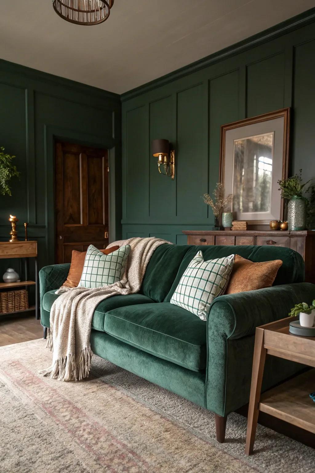A living area featuring dark green walls and luxurious velvet textures for a shadowy vibe.