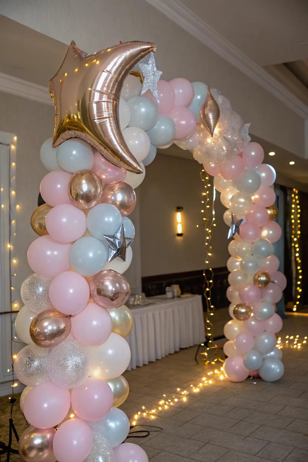 A dazzling balloon arch with moon and star motifs, setting the celestial tone.