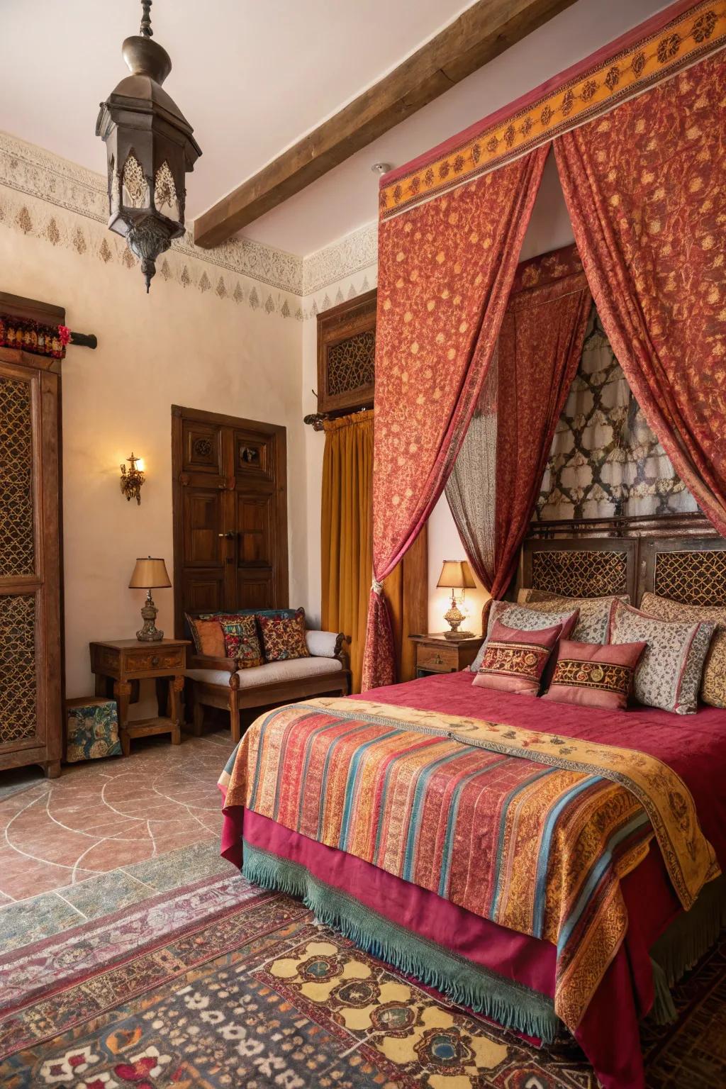 Layering textiles adds depth and warmth to a Moroccan bedroom.