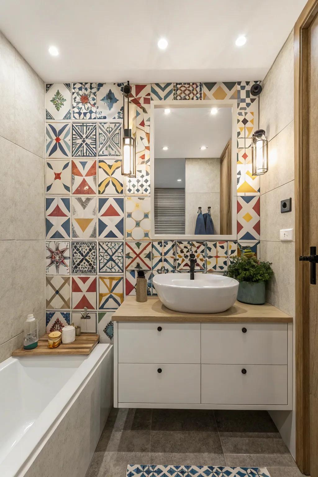 A bathroom showcasing contemporary geometric pattern mosaic tiles.