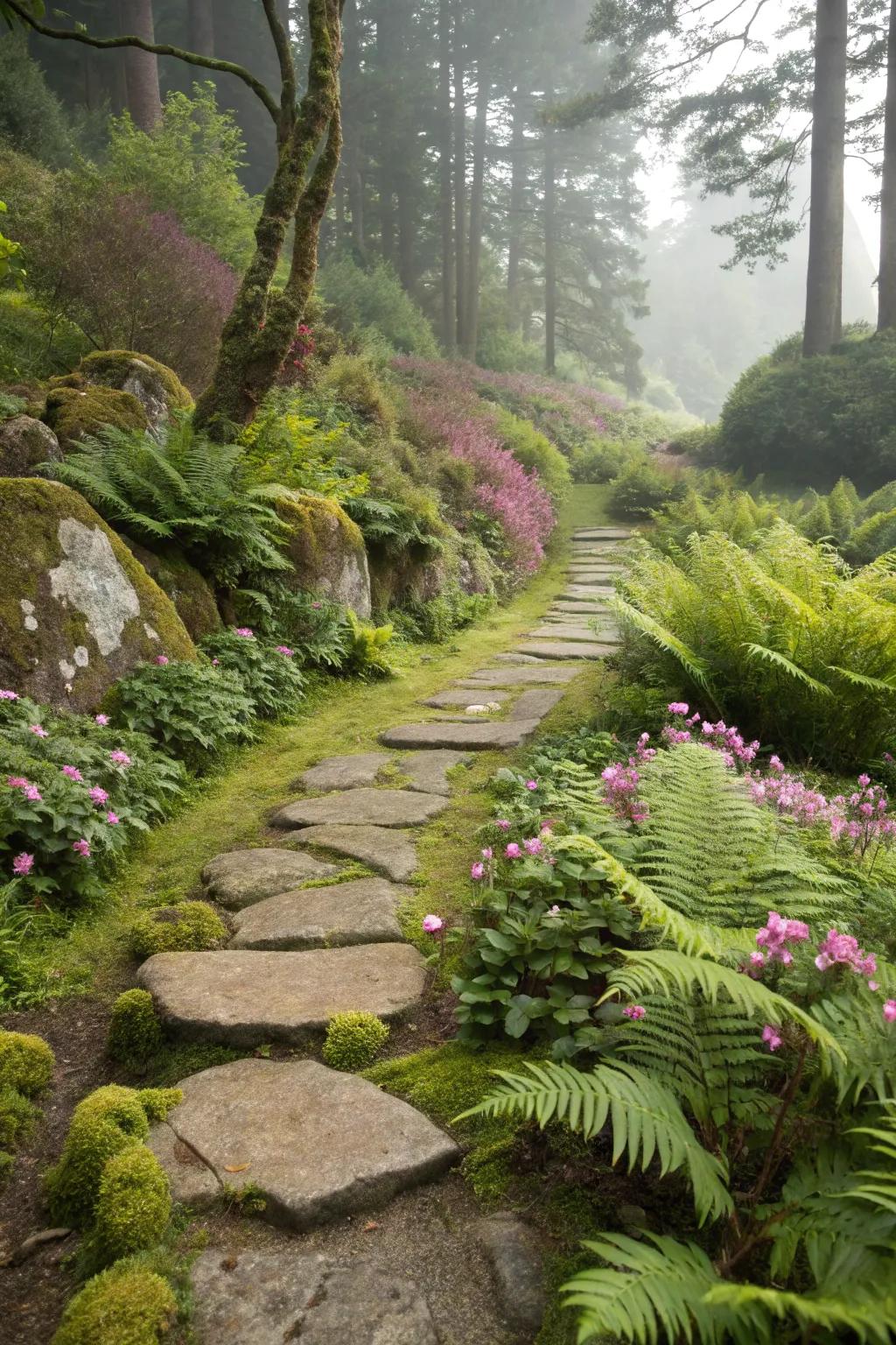 A charming moss rock path weaving through a vibrant garden.