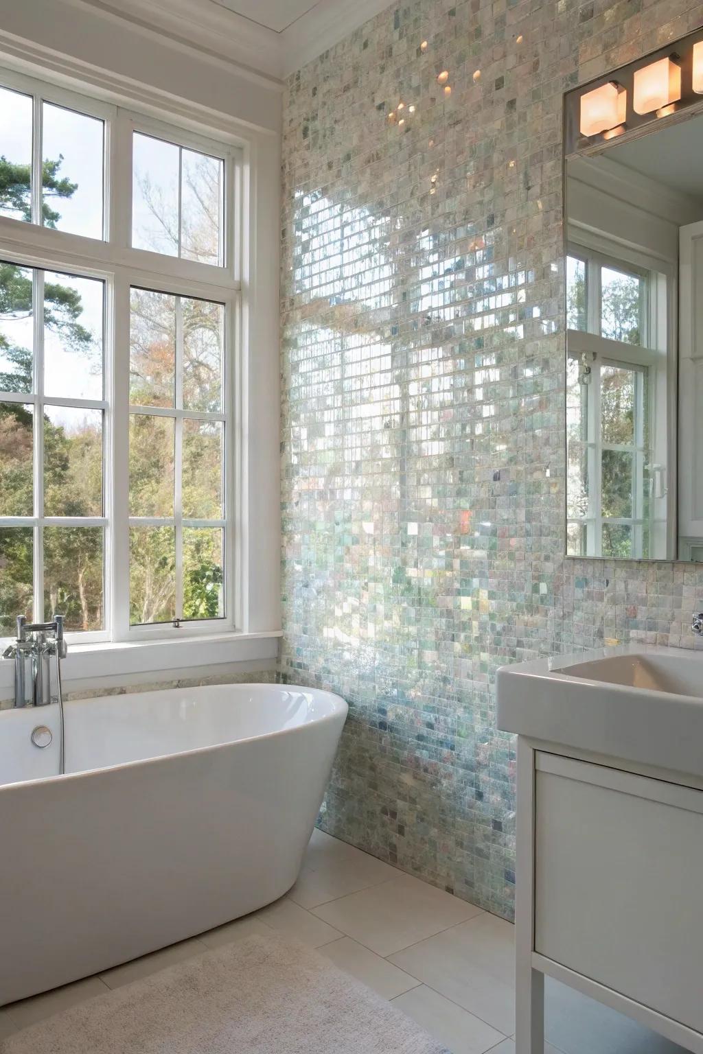 A nacre focus wall introduces an element of luxury and calm to any bathroom.